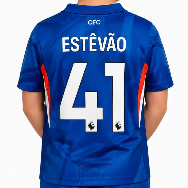 Conjunto Infantil Chelsea 2025/26 Home Azul #41 ESTÊVÃO - Tamanho 28 (12-13 Anos)